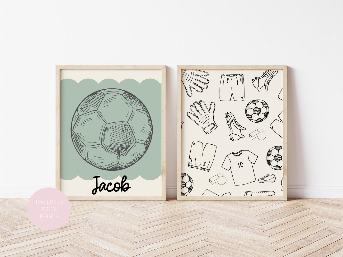 boys set of sport prints for bedroom with personalised football theme, sage green room prints, boys wall decor