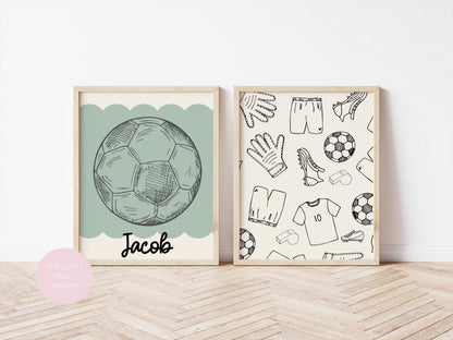 boys set of sport prints for bedroom with personalised football theme, sage green room prints, boys wall decor