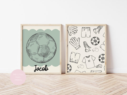 boys set of sport prints for bedroom with personalised football theme, sage green room prints, boys wall decor