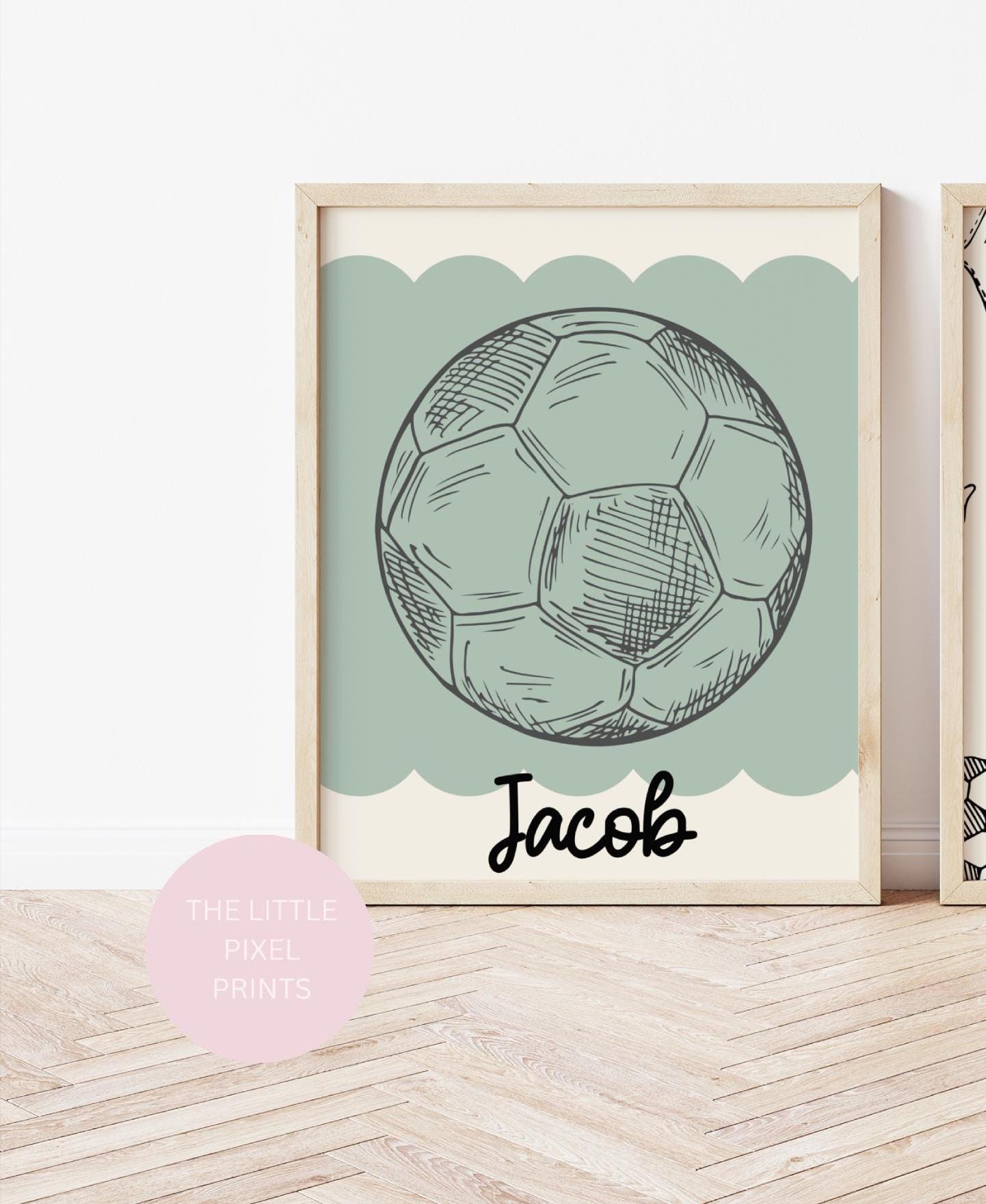 boys set of sport prints for bedroom with personalised football theme, sage green room prints, boys wall decor