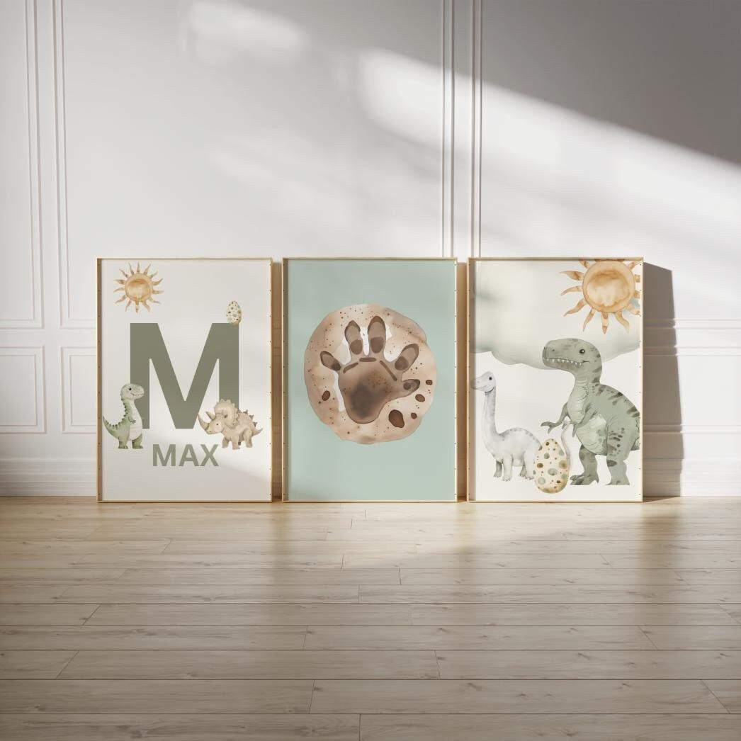 personalised dinosaur theme print set for boys nursery, bedroom or playroom, dino wall print set, kids wall prints, dino lover decor