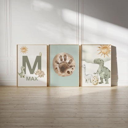 personalised dinosaur theme print set for boys nursery, bedroom or playroom, dino wall print set, kids wall prints, dino lover decor