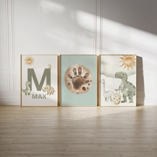 personalised dinosaur theme print set for boys nursery, bedroom or playroom, dino wall print set, kids wall prints, dino lover decor