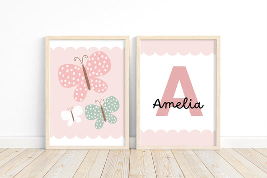 Set of 2 personalised pink butterfly prints for girls bedroom, nursery or playroom, pink nursery decor, dusty pink butterfly wall art