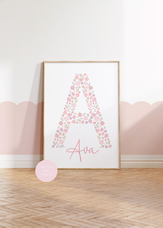 girls personalised floral initial name print for girls room print for bedroom, nursery or playroom, printed wall art for childrens bedroom