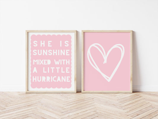 girls pink positive inspirational room prints for bedroom or nursery, she is sunshine mixed with a little hurricane