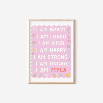 girls personalised affirmation room print set of 3, rainbow and flowers pastel set of wall prints for girls nursery or bedroom