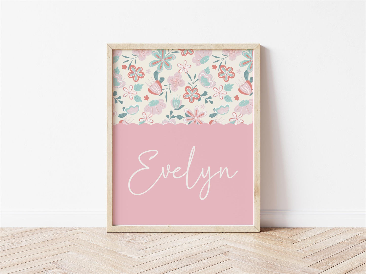 girls personalised pink floral wall print for bedroom or nursery