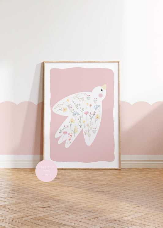 floral dove print, floral art decor, childrens prints, nursery decor, new baby gift, scandi nursery prints