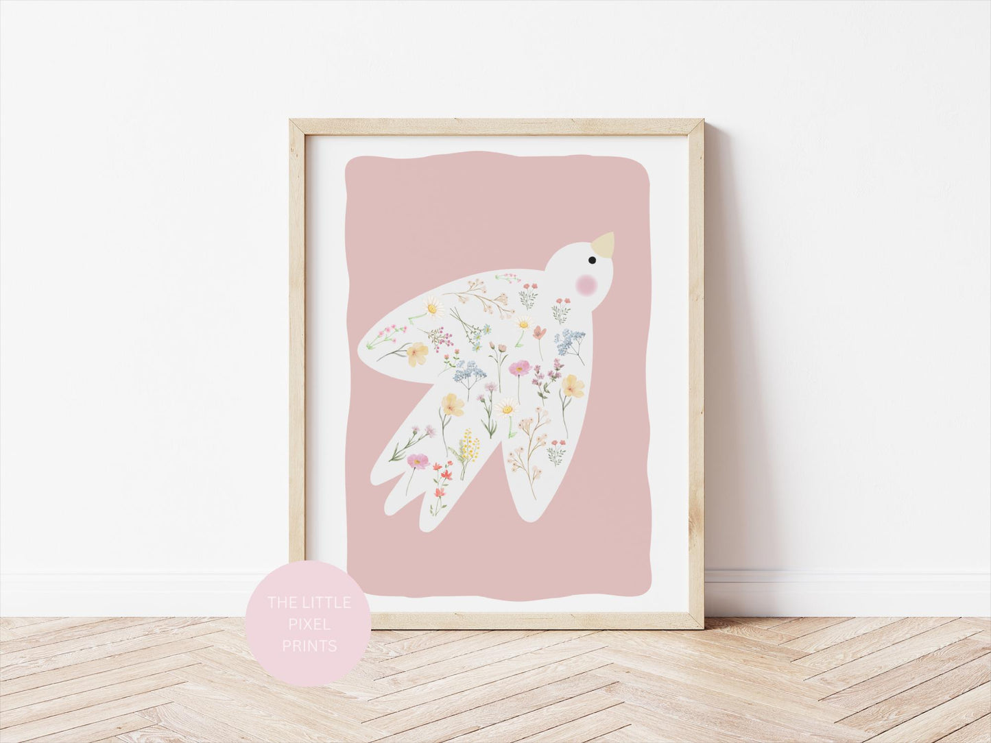 floral dove print, floral art decor, childrens prints, nursery decor, new baby gift, scandi nursery prints