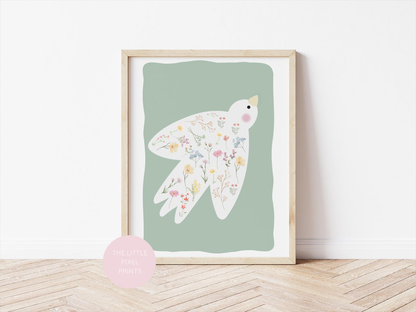 floral dove print, floral art decor, childrens prints, nursery decor, new baby gift, scandi nursery prints