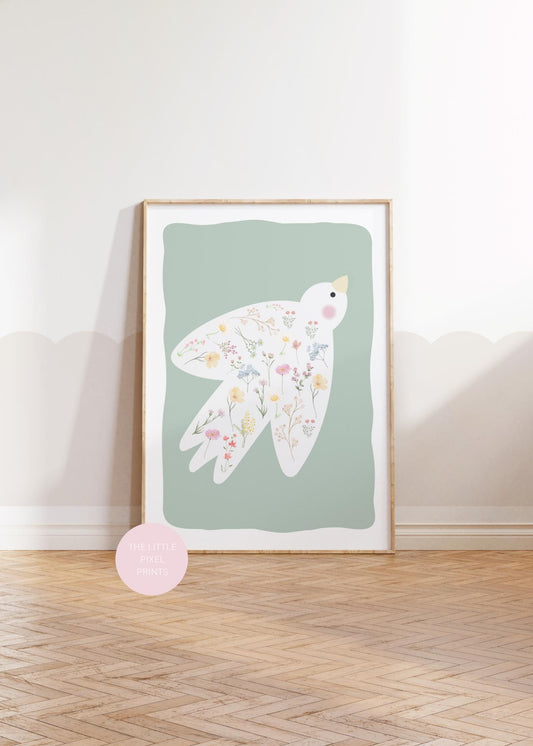 floral dove print, floral art decor, childrens prints, nursery decor, new baby gift, scandi nursery prints