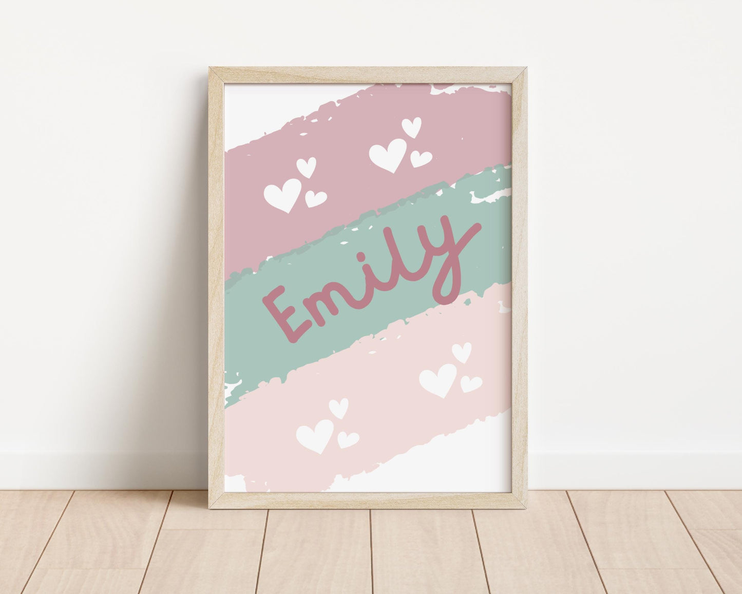 Personalised Girls Name Print, Pink and Green Heart Decor