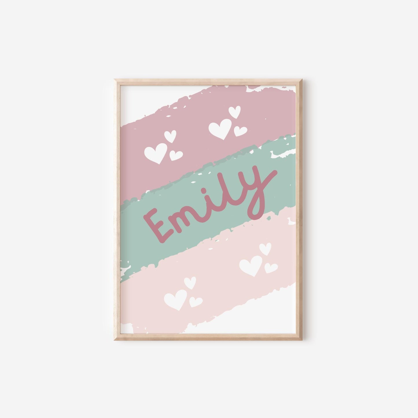 Personalised Girls Name Print, Pink and Green Heart Decor