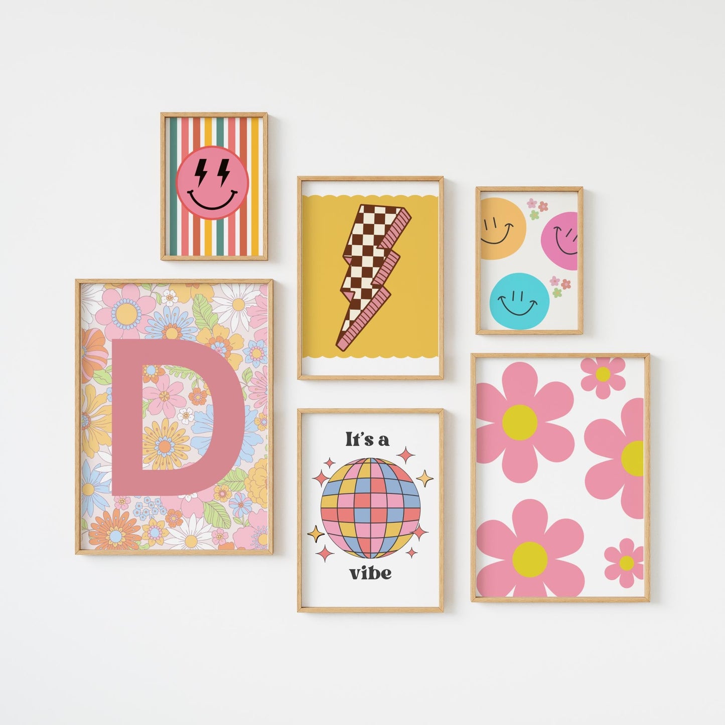 girls wall print set, retro bright floral personalised girls room prints, bright colourful childrens prints