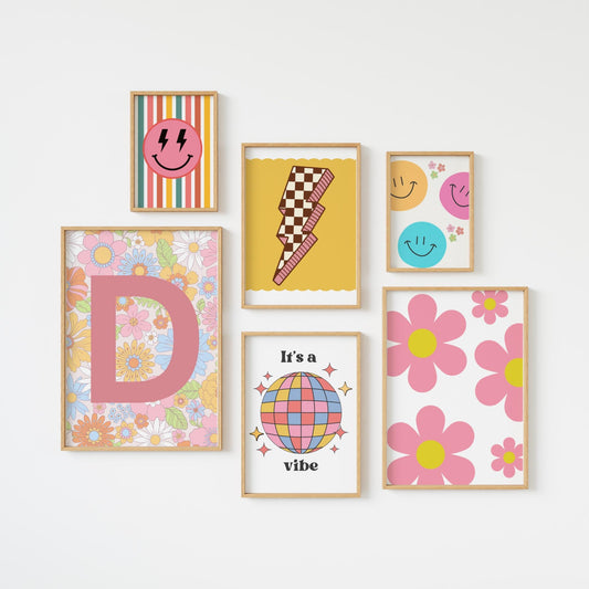 girls wall print set, retro bright floral personalised girls room prints, bright colourful childrens prints