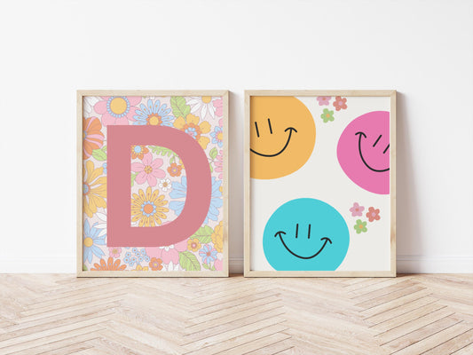 girls wall print set, retro bright floral personalised girls room prints, bright colourful childrens prints