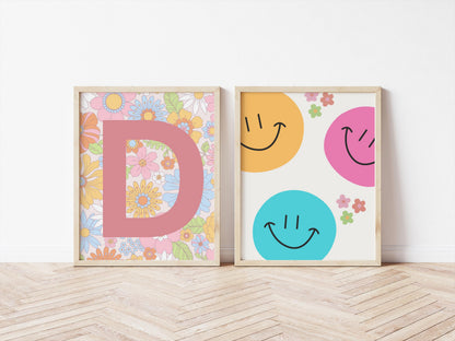 girls wall print set, retro bright floral personalised girls room prints, bright colourful childrens prints