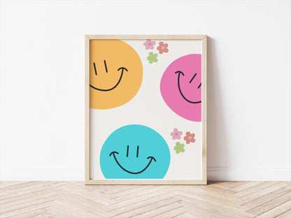 girls wall print set, retro bright floral personalised girls room prints, bright colourful childrens prints