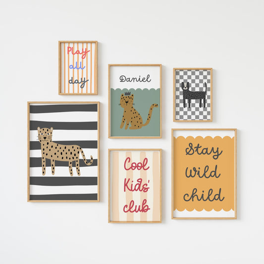 Safari Nursery Wall Art Set, Personalised Scandi Animal Prints for Kids Room, Stay Wild Child Quote, Jungle Baby Decor