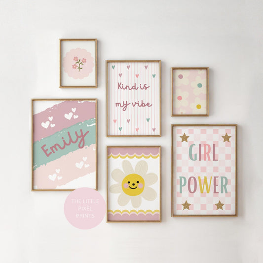 girls room print set for nursery or bedroom, floral personalised name gallery wall set, pastel colours and positive quotes, prints only