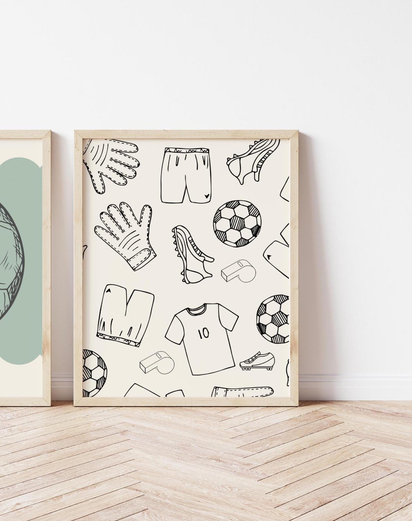 boys set of sport prints for bedroom with personalised football theme, sage green room prints, boys wall decor