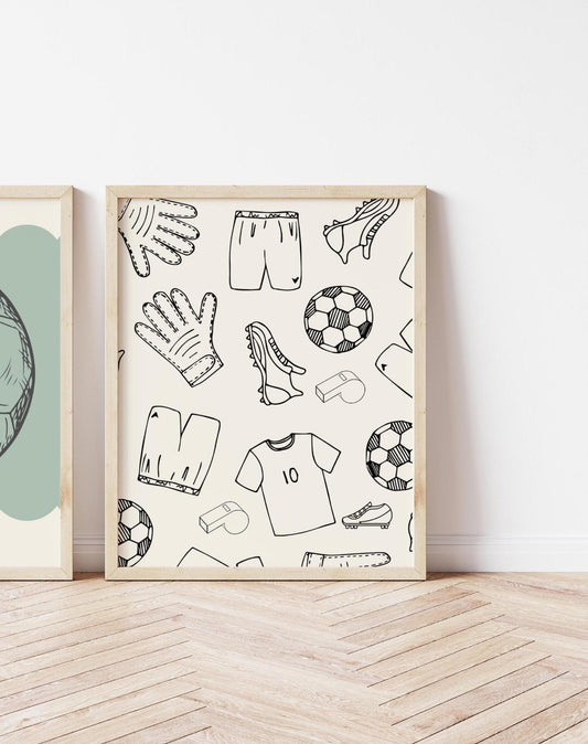 boys set of sport prints for bedroom with personalised football theme, sage green room prints, boys wall decor