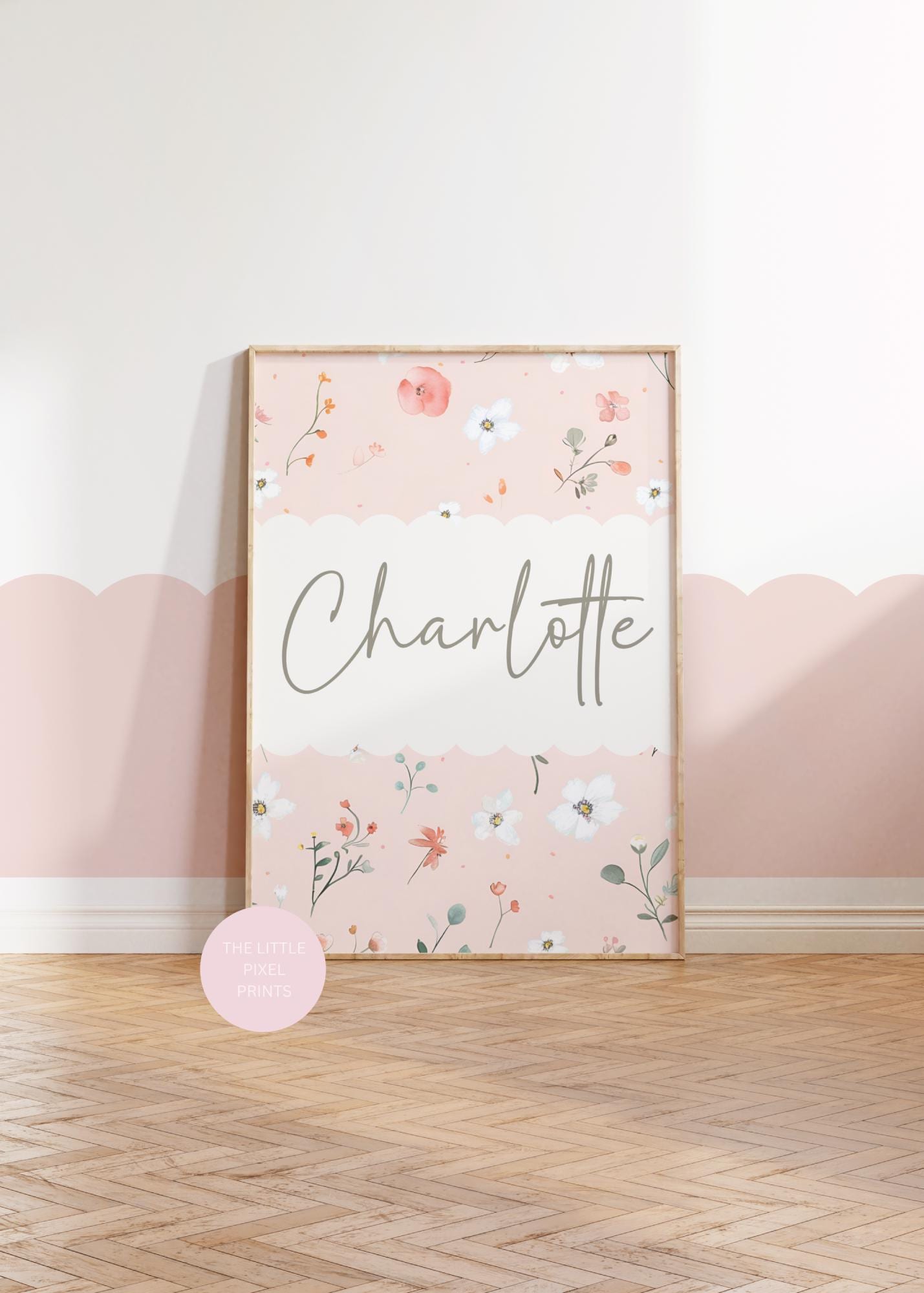 girls personalised pink floral wall print for nursery, bedroom or playroom, childrens room decor