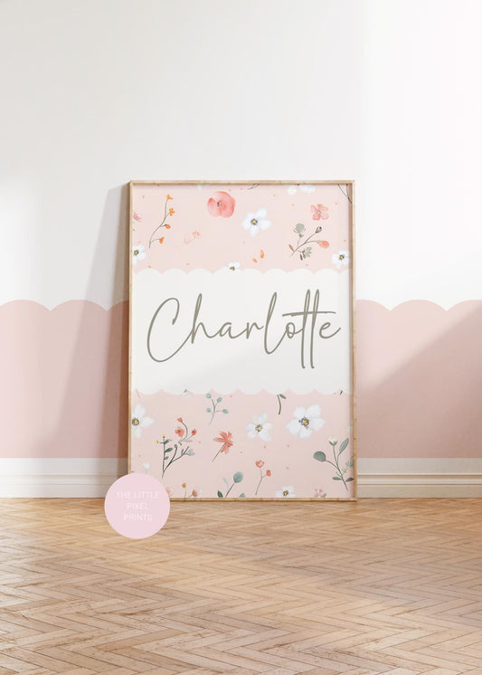 girls personalised pink floral wall print for nursery, bedroom or playroom, childrens room decor
