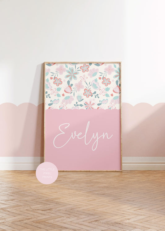 girls personalised pink floral wall print for bedroom or nursery