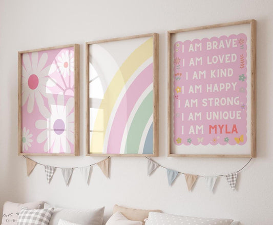girls personalised affirmation room print set of 3, rainbow and flowers pastel set of wall prints for girls nursery or bedroom