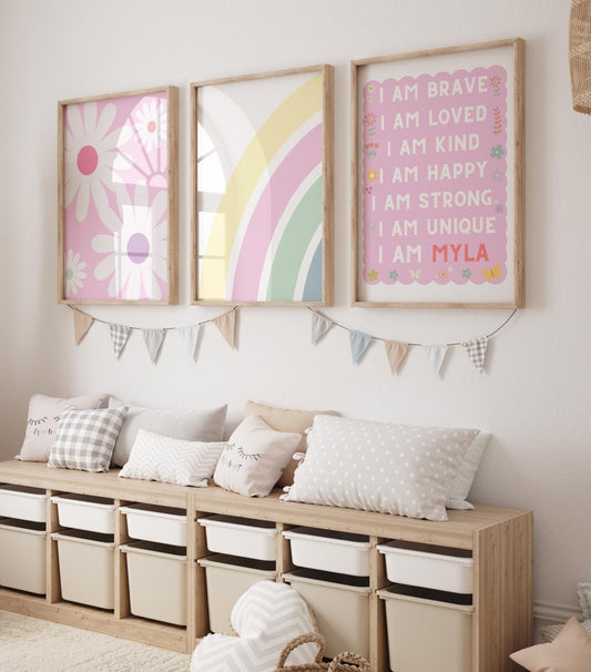 girls personalised affirmation room print set of 3, rainbow and flowers pastel set of wall prints for girls nursery or bedroom