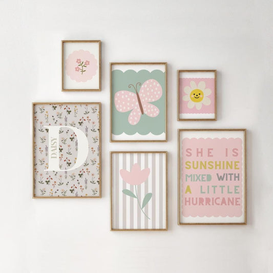 girls bedroom set of prints, personalised floral custom prints for nursery or playroom,  butterfly wall decor