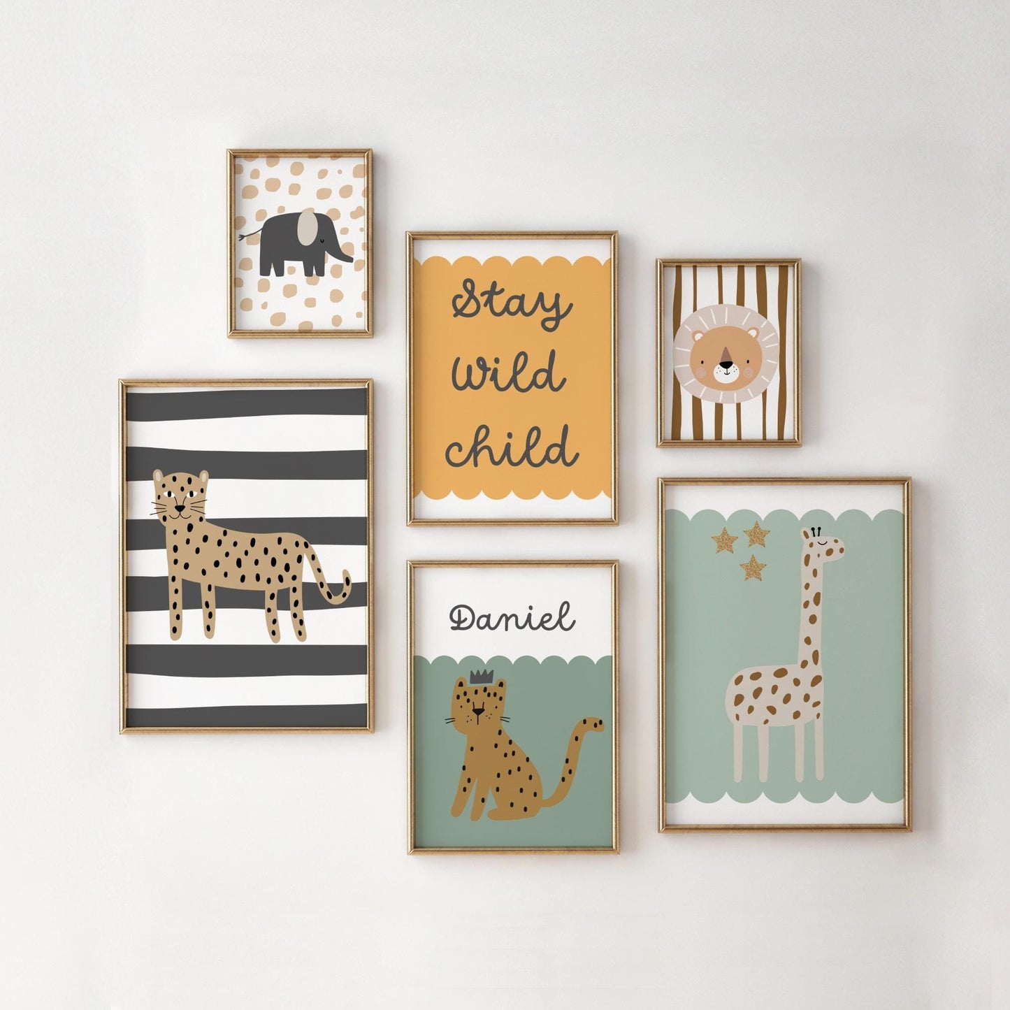Scandi themed safari stay wild child personalised set of prints for nursery or playroom, gallery wall set