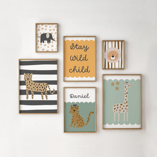 Scandi themed safari stay wild child personalised set of prints for nursery or playroom, gallery wall set