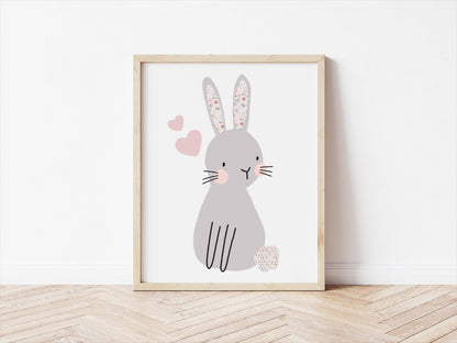 Floral Bunny Print: Nursery Wall Decor, Girls Bedroom Art