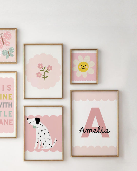 girls personalised pink set of wall prints for bedroom, nursery or playroom (prints only )