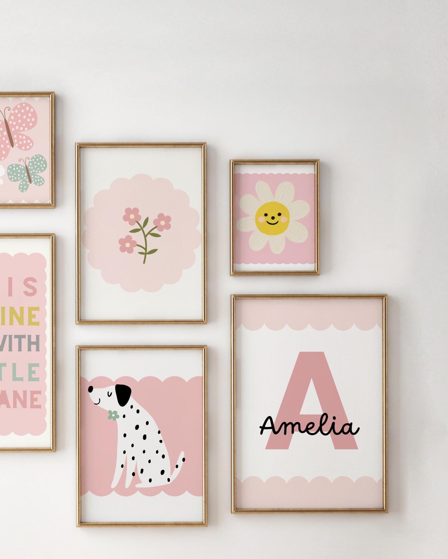 girls personalised pink set of wall prints for bedroom, nursery or playroom (prints only )