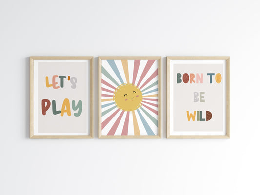 lets play print set, born to be wild, set of scandi boho room prints, prints for childrens bedroom, nursery or playroom