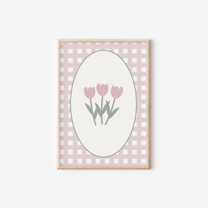 Pink Gingham Floral Print, Girls Nursery Art