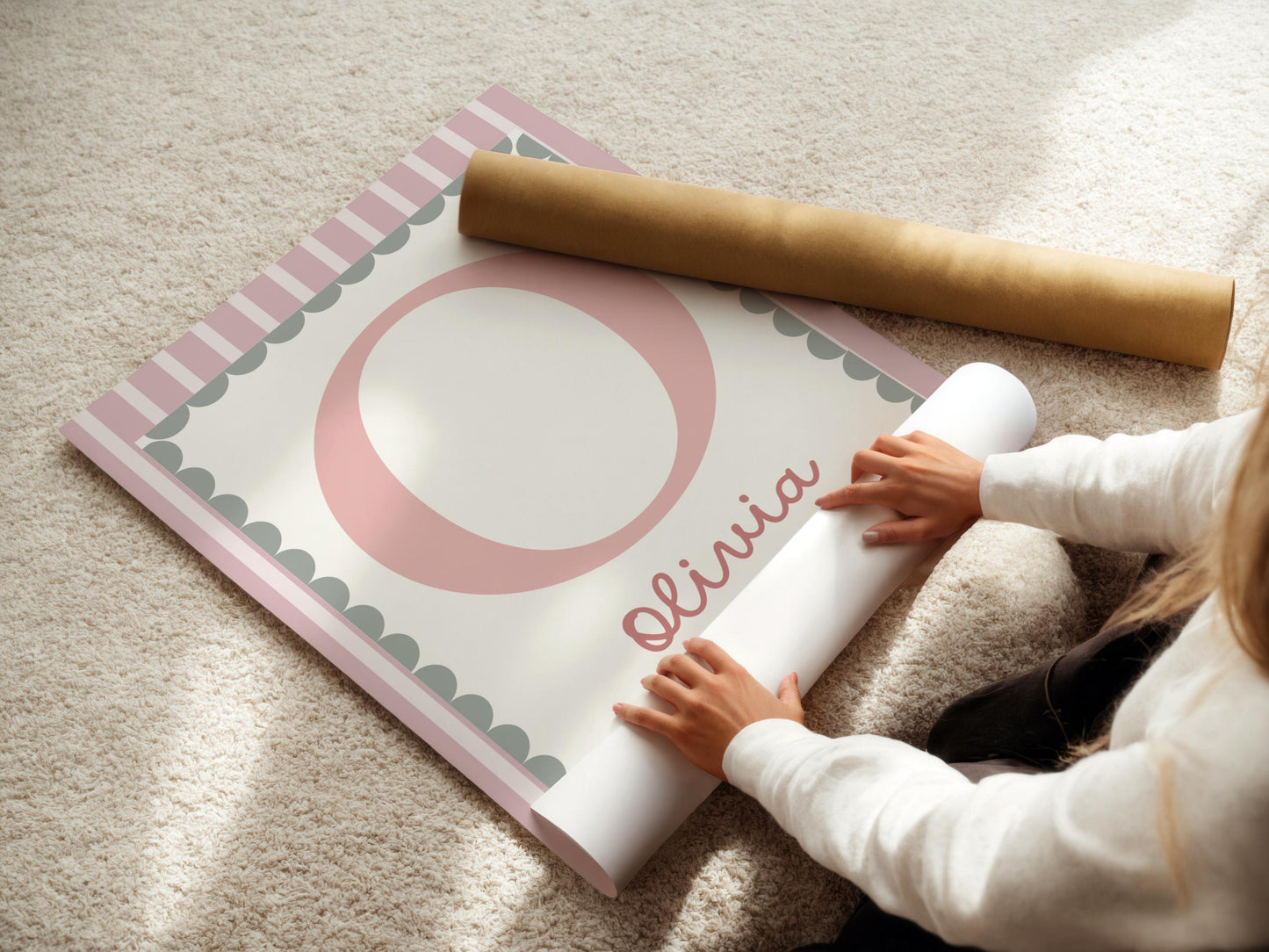 girls personalised name and initial wall art print poster , pink and green nursery print, scallop border poster