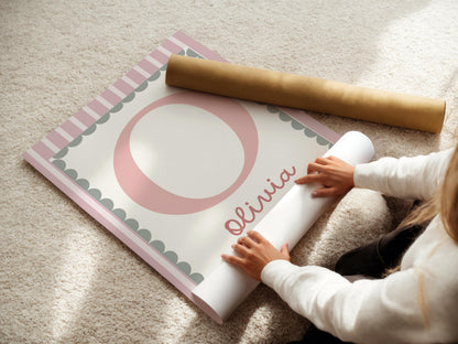 girls personalised name and initial wall art print poster , pink and green nursery print, scallop border poster