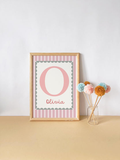 girls personalised name and initial wall art print poster , pink and green nursery print, scallop border poster