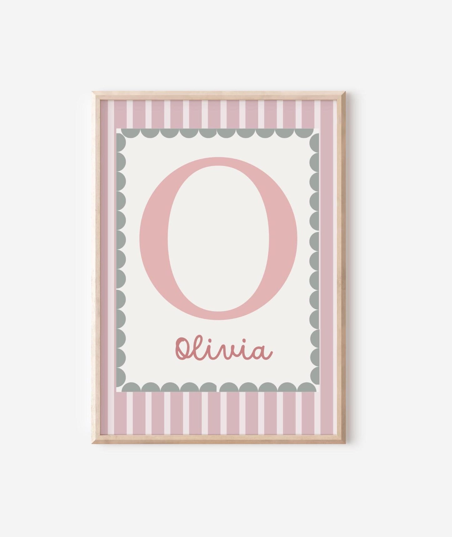 girls personalised name and initial wall art print poster , pink and green nursery print, scallop border poster