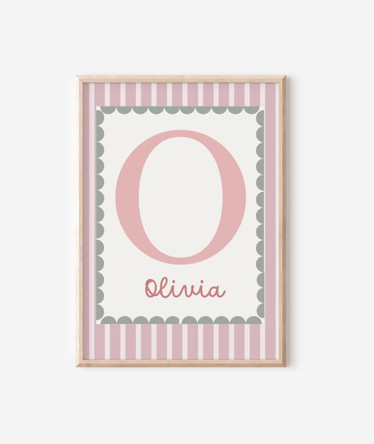 girls personalised name and initial wall art print poster , pink and green nursery print, scallop border poster