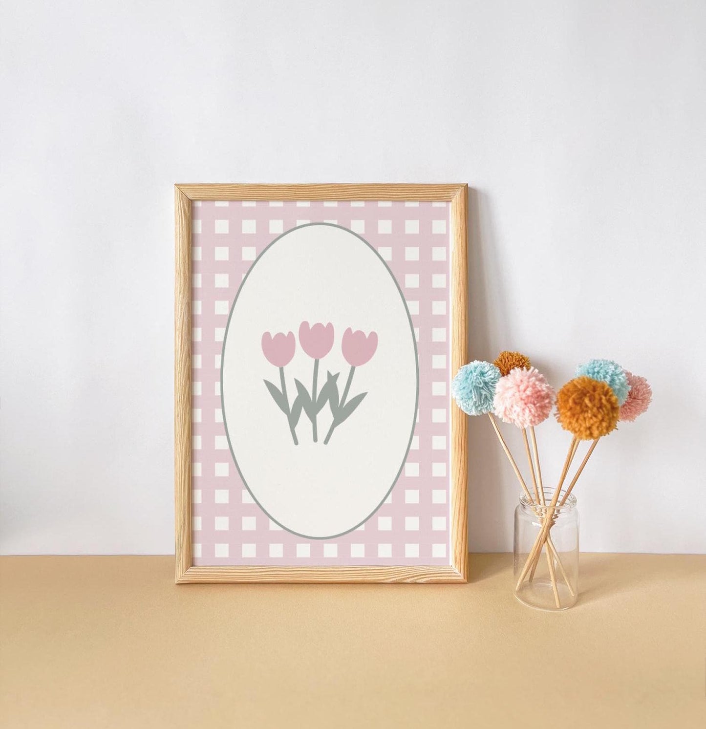 Pink Gingham Floral Print, Girls Nursery Art