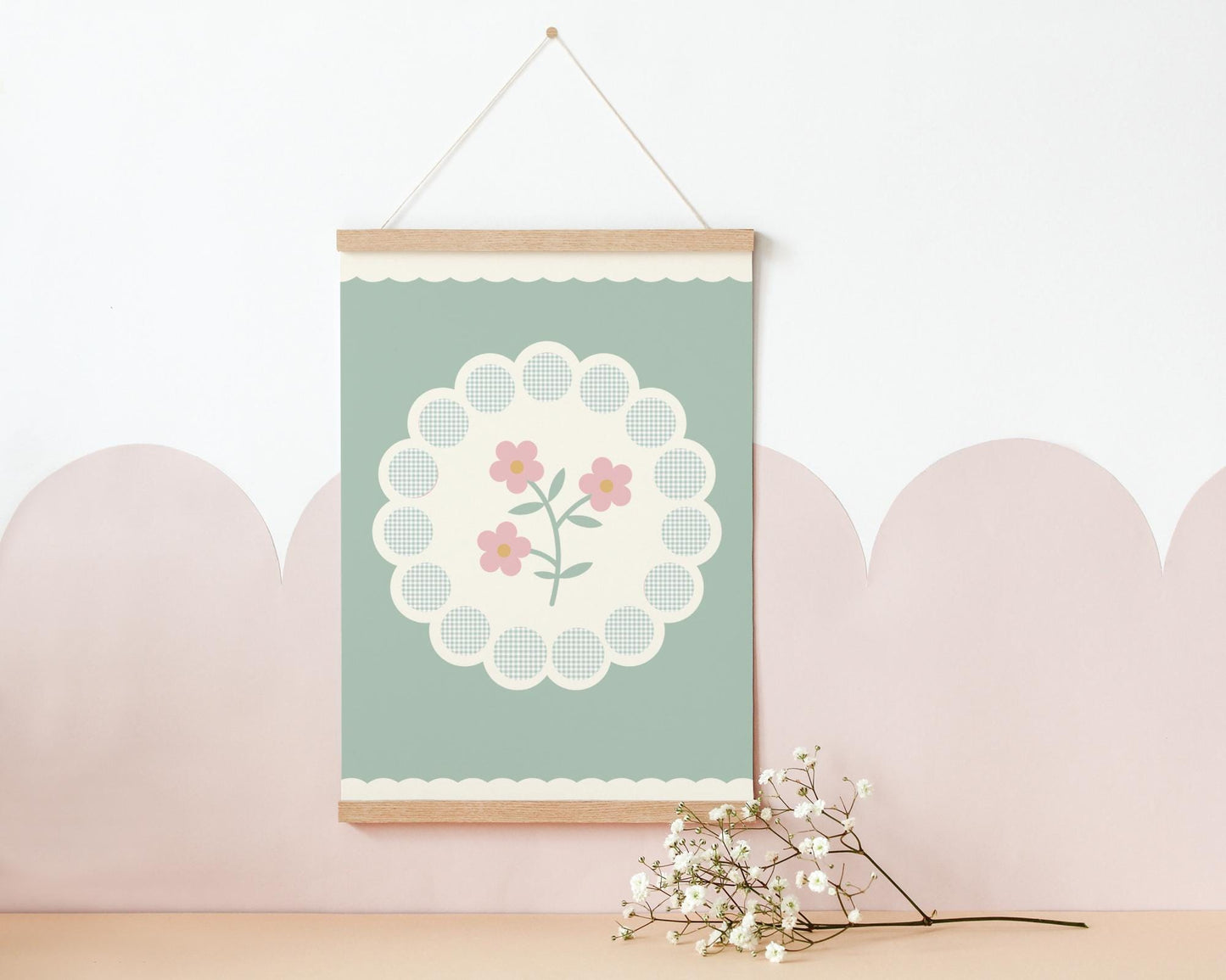 Sage Green Floral Gingham Print: Nursery Flower Wall Art