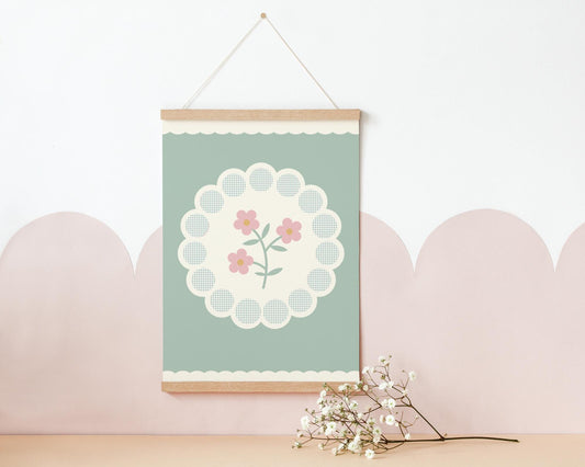Sage Green Floral Gingham Print: Nursery Flower Wall Art