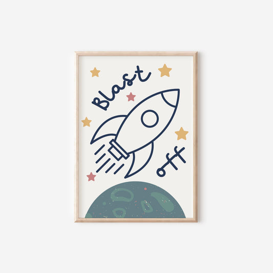 childrens rocket and space "blast off" print for bedroom or nursery
