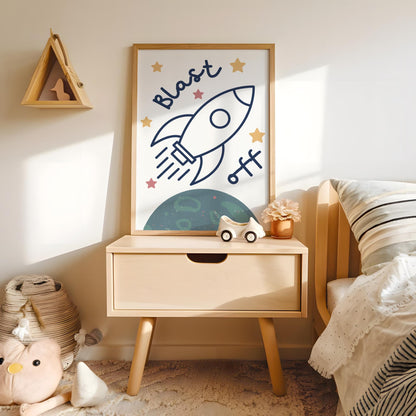 childrens rocket and space "blast off" print for bedroom or nursery